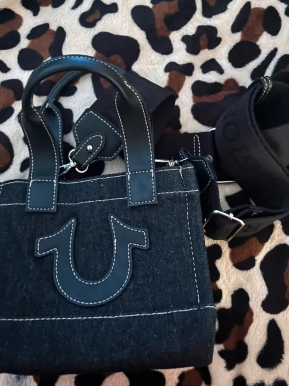 True Religion Black Denim Satchel with Contrasting Stitching
